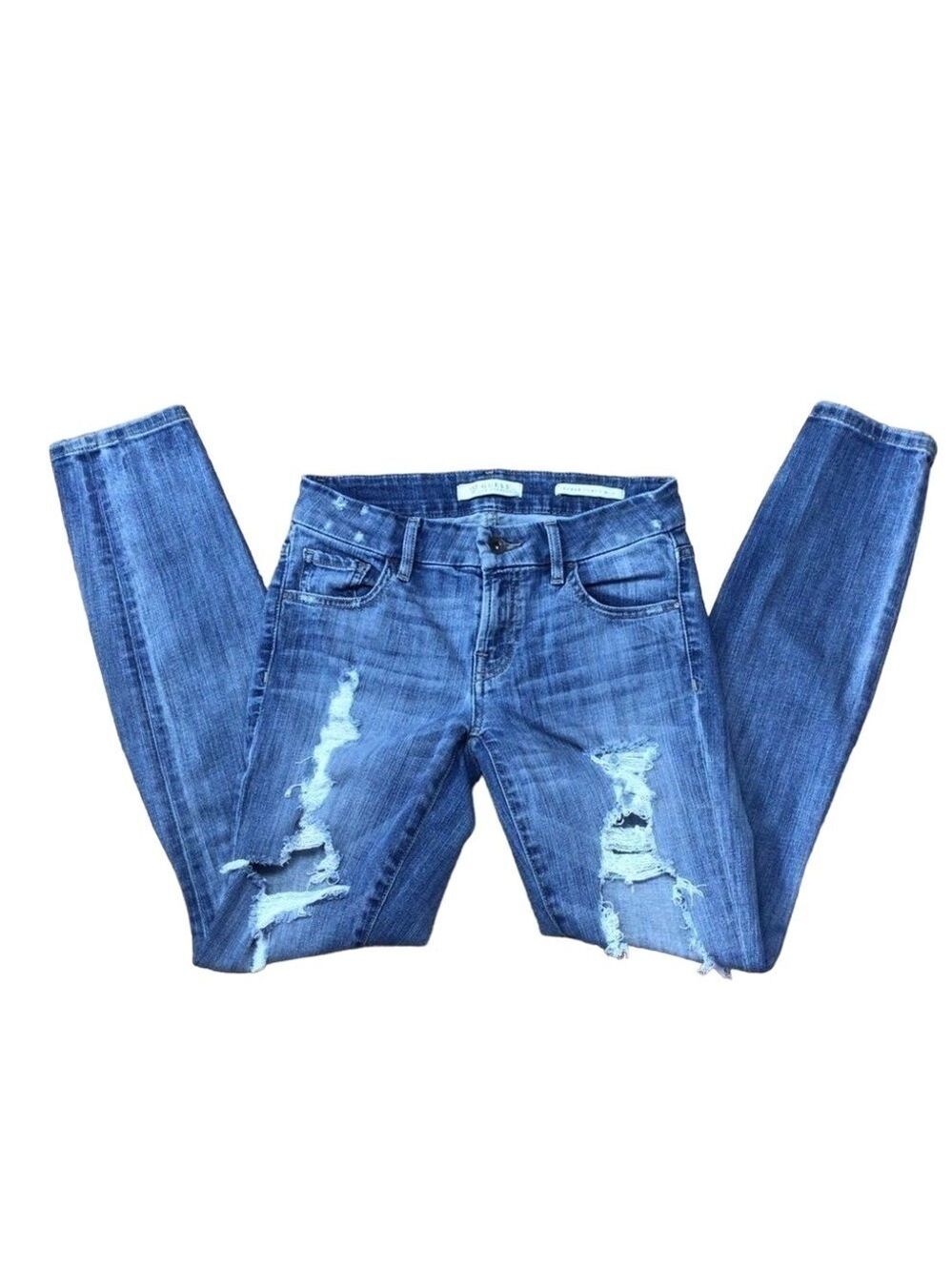 GUESS Power Curvy Mid Rise Distressed Stretch Jeans Women Size 25 Denim ripped